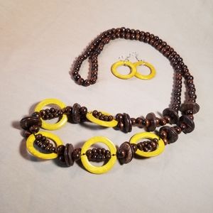 Brown & Yellow Circle Wood Bead Necklace